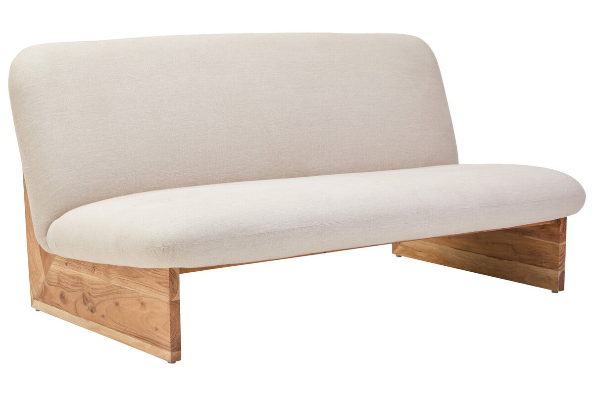 2 Seater Armless Cream Textured Linen Sofa with Wood Base, Parova