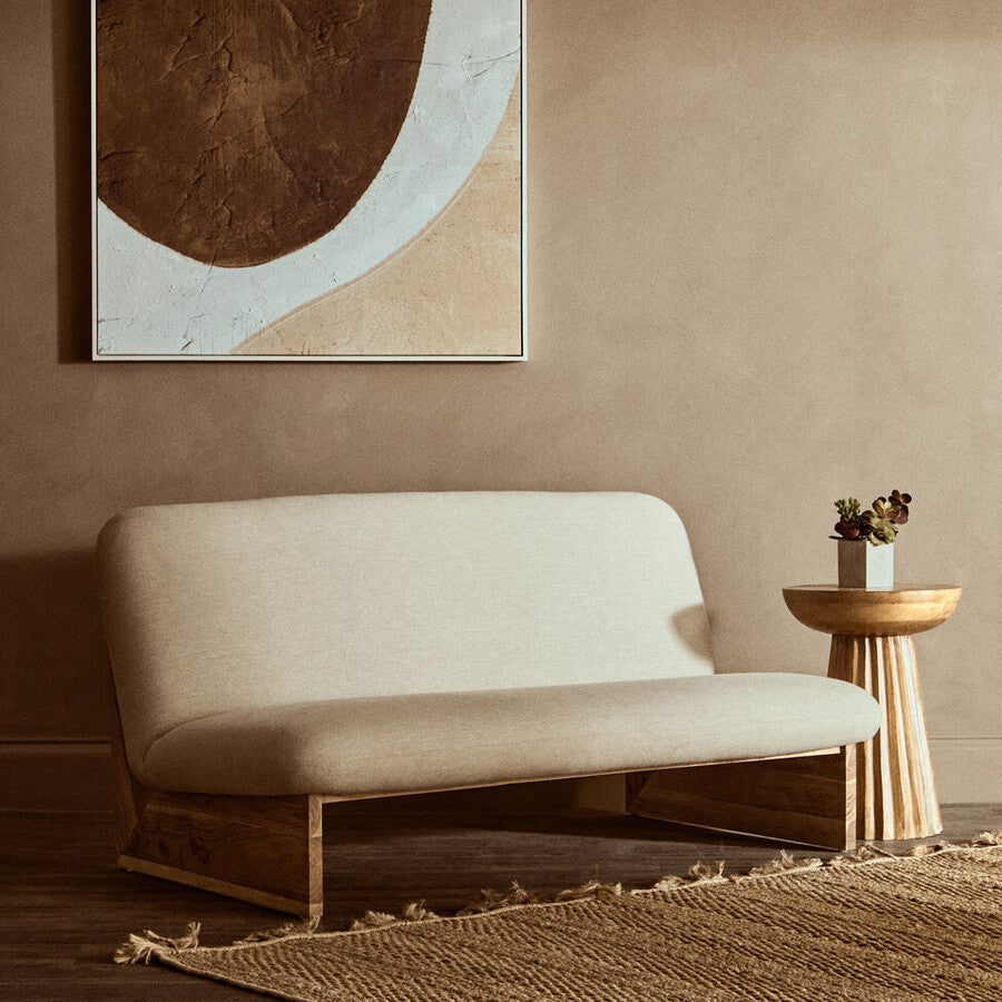 2 Seat Armless Cream Linen Sofa, Parova