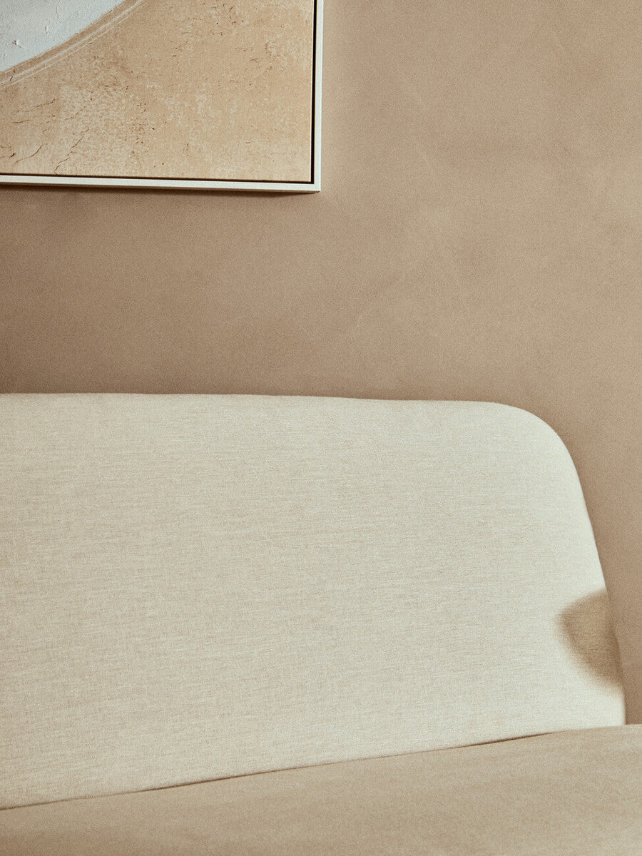 2 Seat Armless Cream Linen Sofa, Parova