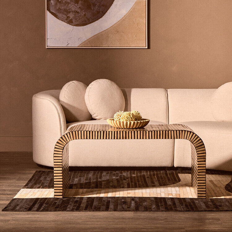 Natural Curved Coffee Table With Striped Bamboo Inlay, Bambusa