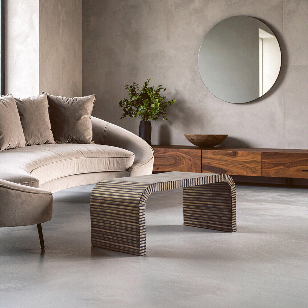 Natural Curved Coffee Table With Striped Bamboo Inlay, Bambusa