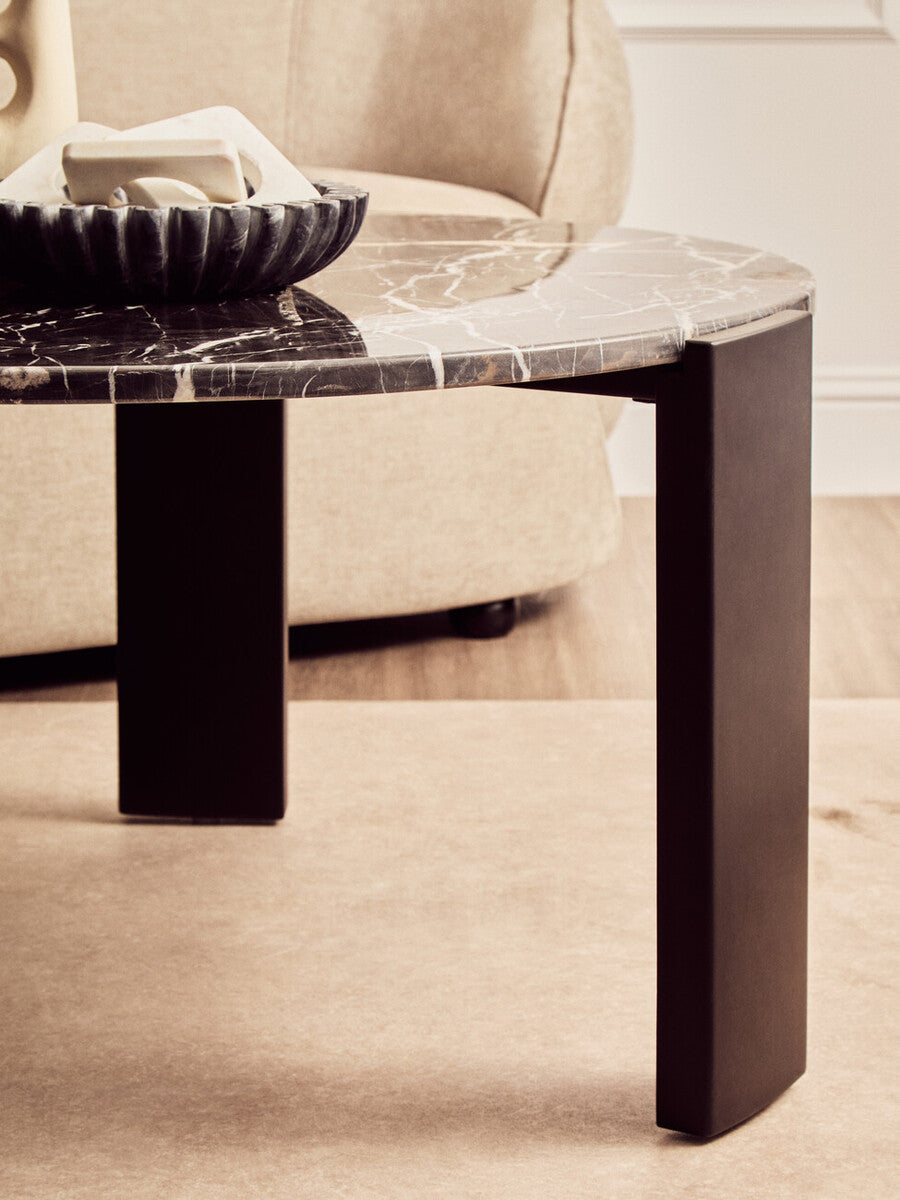 Black Round Marble Top Large Coffee Table With Black Acacia Legs, Palermo