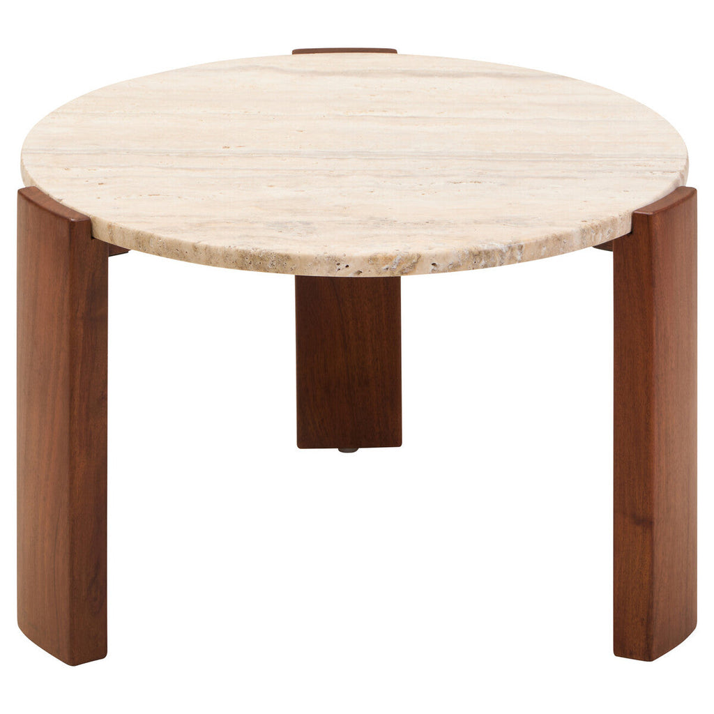 Cream Travertine Top Small Round Coffee Table With Natural Brown Acacia Wood Legs, Palermo