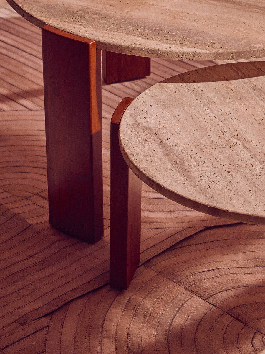 Cream Travertine Top Small Round Coffee Table With Natural Brown Acacia Wood Legs, Palermo