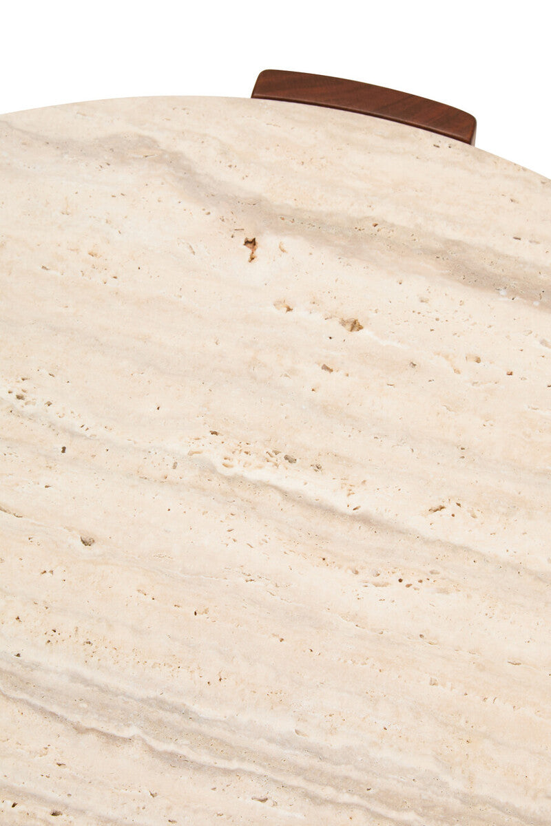 Cream Travertine Top Small Round Coffee Table With Natural Brown Acacia Wood Legs, Palermo