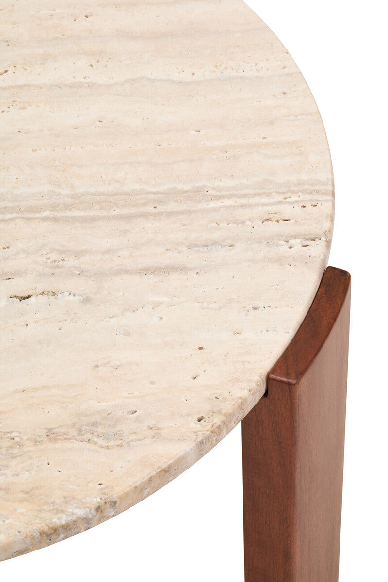 Cream Travertine Top Small Round Coffee Table With Natural Brown Acacia Wood Legs, Palermo