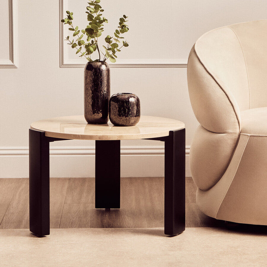 Cream Round Marble Top Large Coffee Table With Small Acacia Legs, Palermo