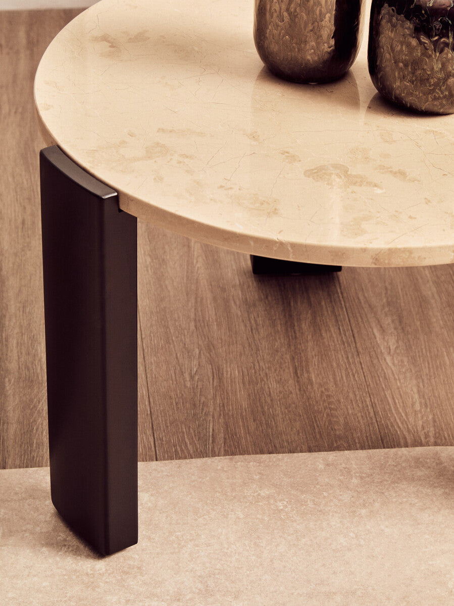 Cream Round Marble Top Large Coffee Table With Small Acacia Legs, Palermo
