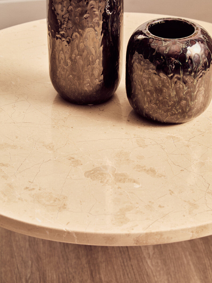 Cream Round Marble Top Large Coffee Table With Small Acacia Legs, Palermo