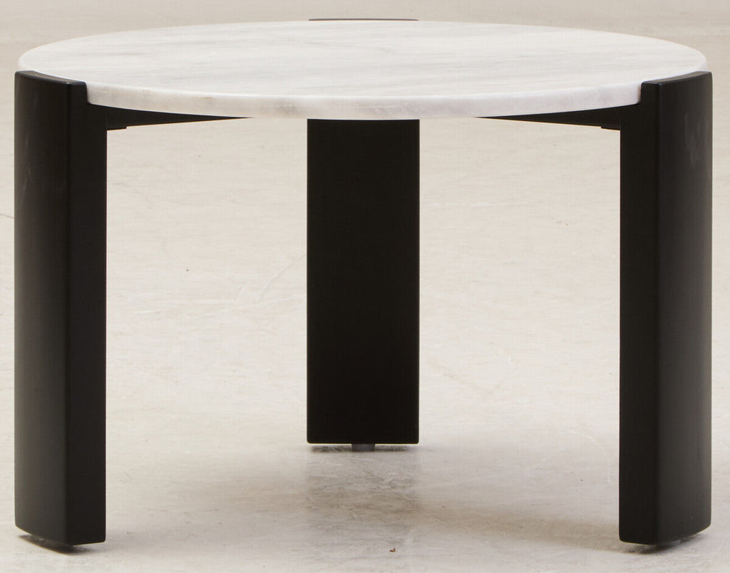 White Round Marble Top Small Coffee Table With Black Acacia Legs, Palermo