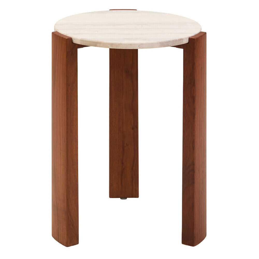 Cream Travertine Top Round Side Table With Natural Brown Acacia Wood Base, Palermo