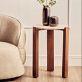 Cream Travertine Top Round Side Table With Natural Brown Acacia Wood Base, Palermo
