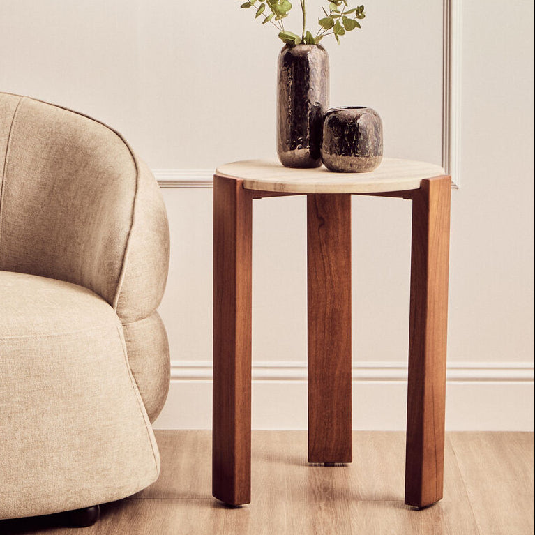 Cream Travertine Top Round Side Table With Natural Brown Acacia Wood Base, Palermo