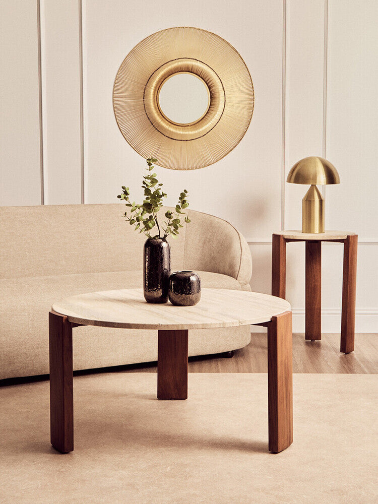 Cream Travertine Top Round Side Table With Natural Brown Acacia Wood Base, Palermo