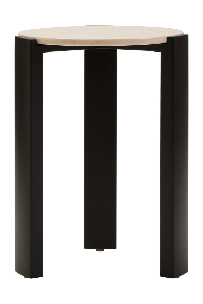 Cream Marble Top Round Side Table With Black Acacia Wood Legs, Palermo