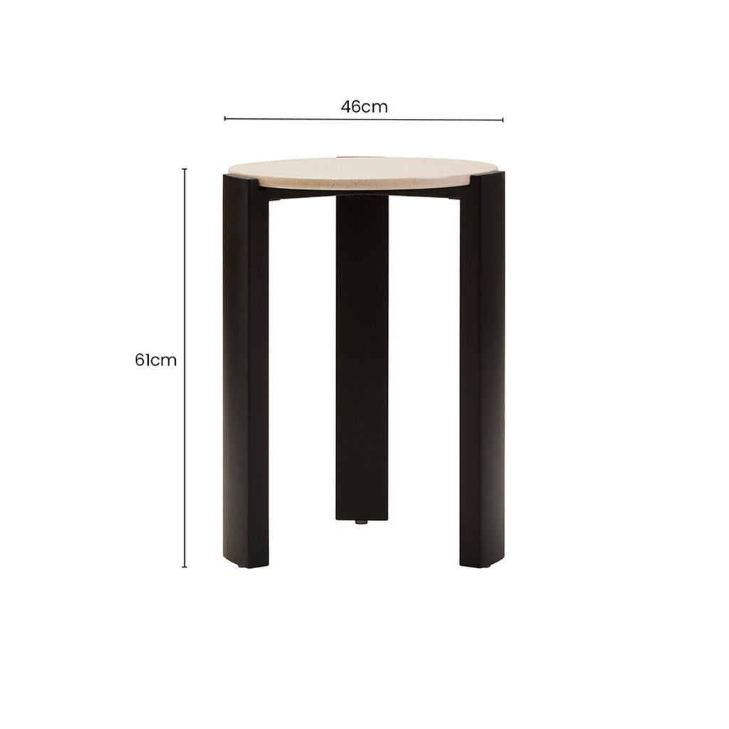 Cream Marble Top Round Side Table With Black Acacia Wood Legs, Palermo