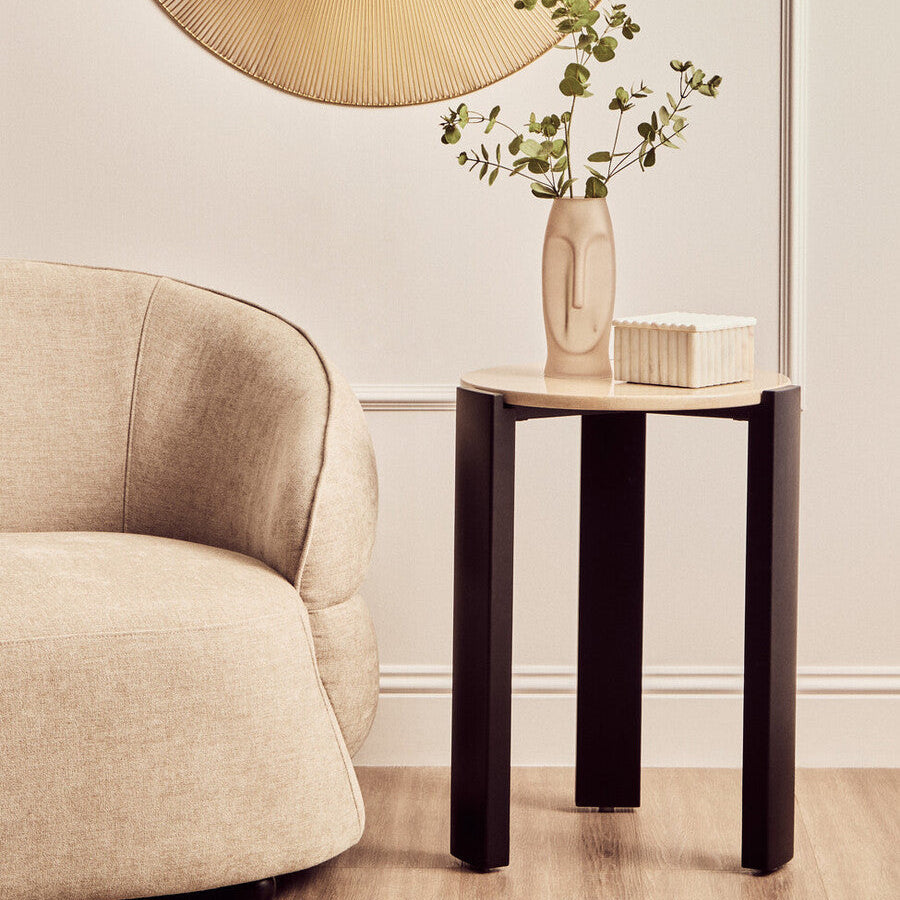 Cream Marble Top Round Side Table With Black Acacia Wood Legs, Palermo