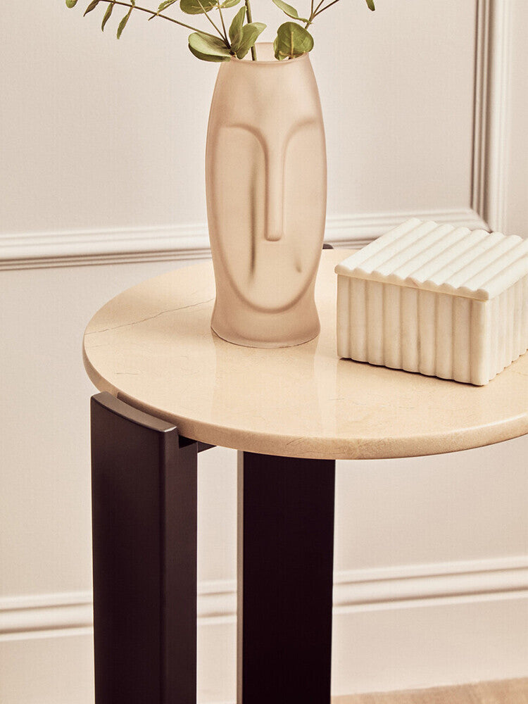 Cream Marble Top Round Side Table With Black Acacia Wood Legs, Palermo