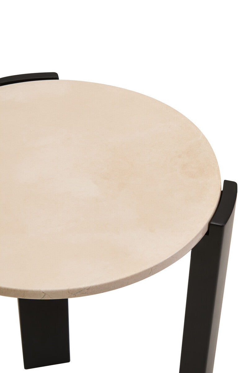 Cream Marble Top Round Side Table With Black Acacia Wood Legs, Palermo