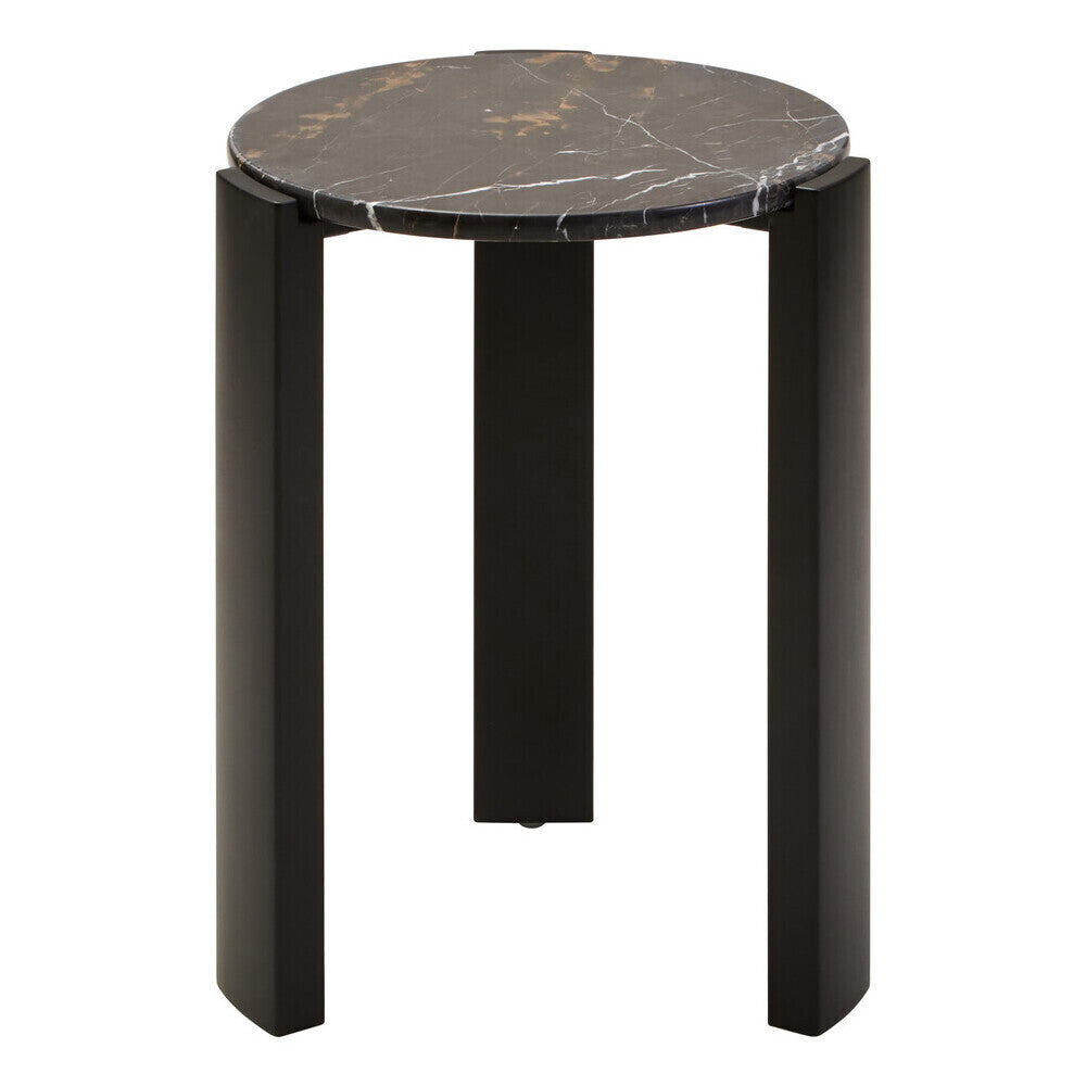 Black Marble Top Round Side Table With Black Acacia Wood Legs, Palermo