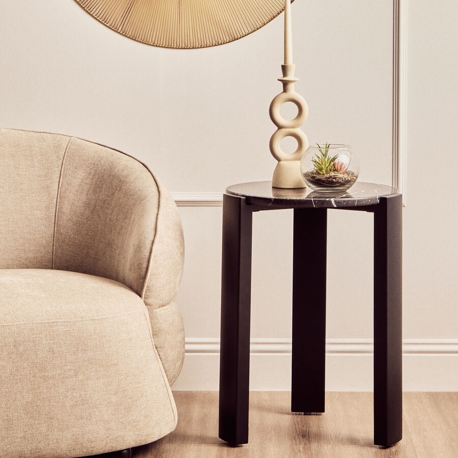 Black Marble Top Round Side Table With Black Acacia Wood Legs, Palermo