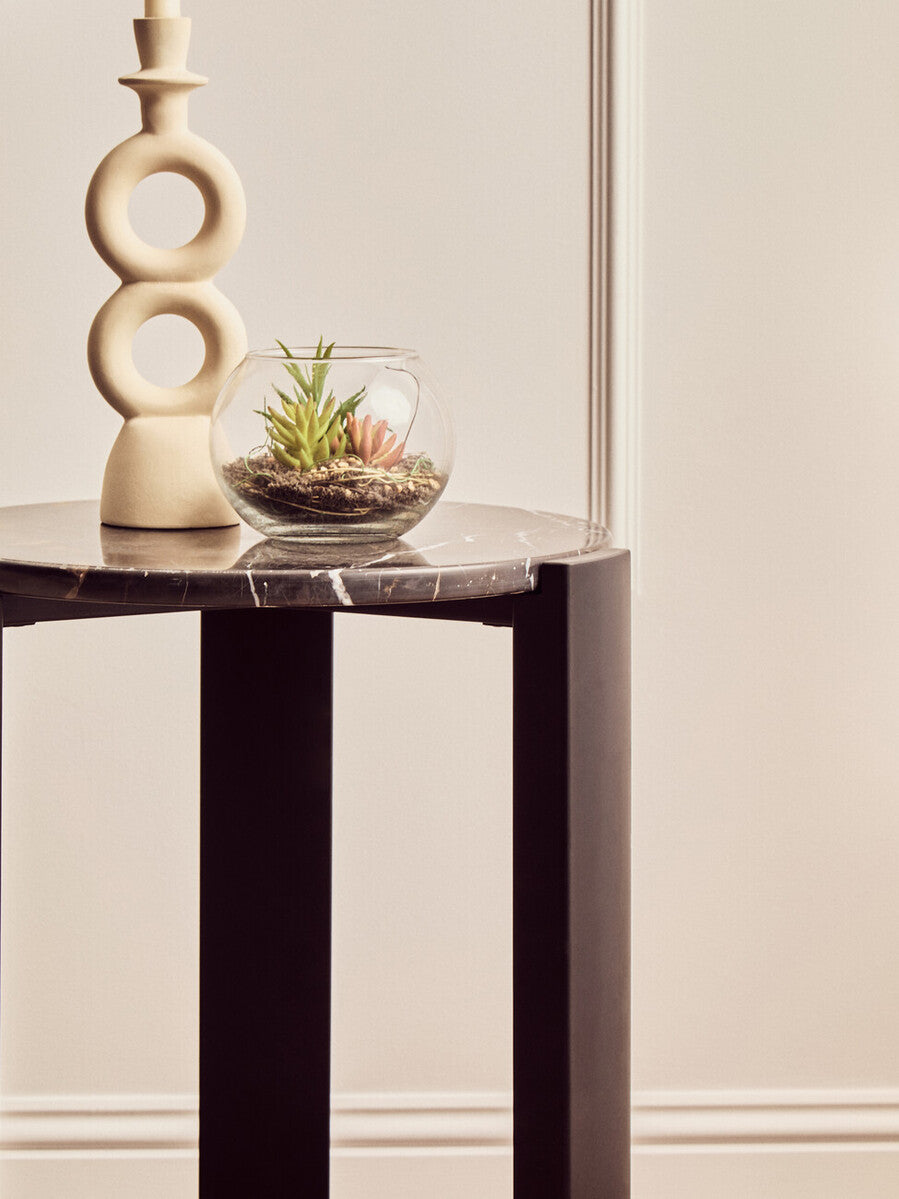 Black Marble Top Round Side Table With Black Acacia Wood Legs, Palermo
