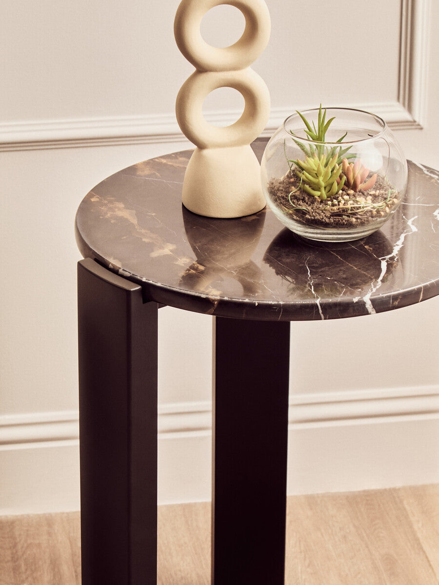 Black Marble Top Round Side Table With Black Acacia Wood Legs, Palermo