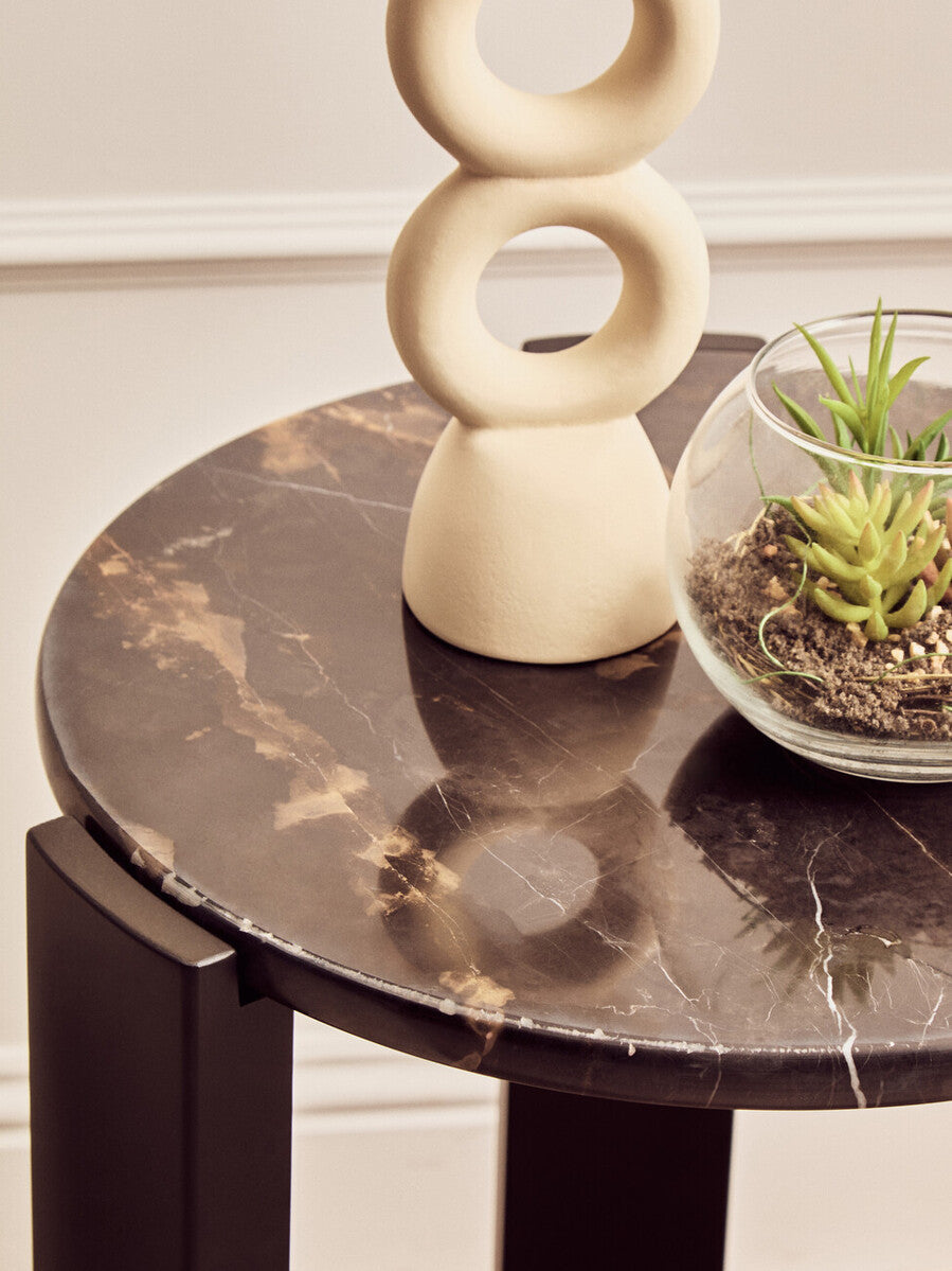 Black Marble Top Round Side Table With Black Acacia Wood Legs, Palermo