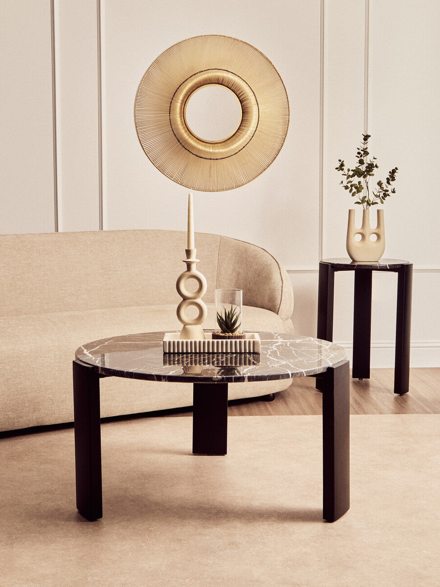 Black Marble Top Round Side Table With Black Acacia Wood Legs, Palermo