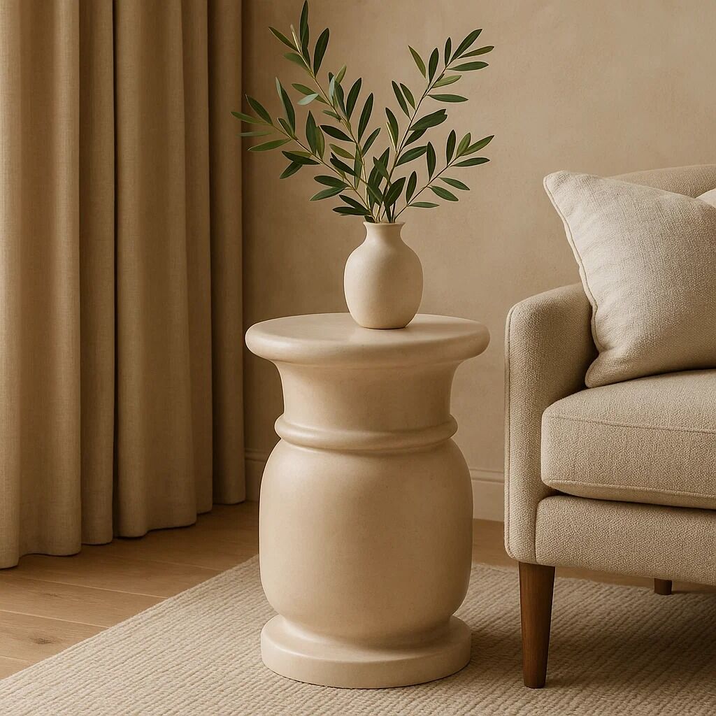 Cream Marble Multi Use Stool & Side Table With Refined Smooth Surface, Zoro