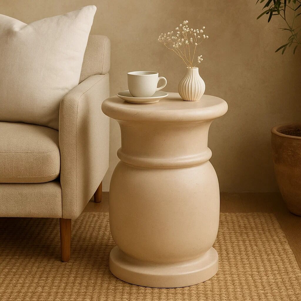 Cream Marble Multi Use Stool & Side Table With Refined Smooth Surface, Zoro