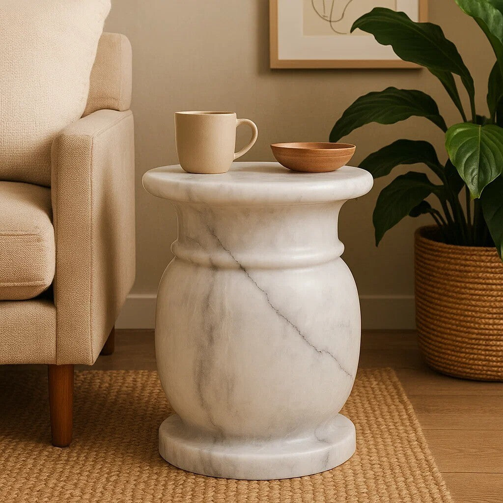 White Marble Multi Use Stool & Side Table With Refined Smooth Surface, Zoro