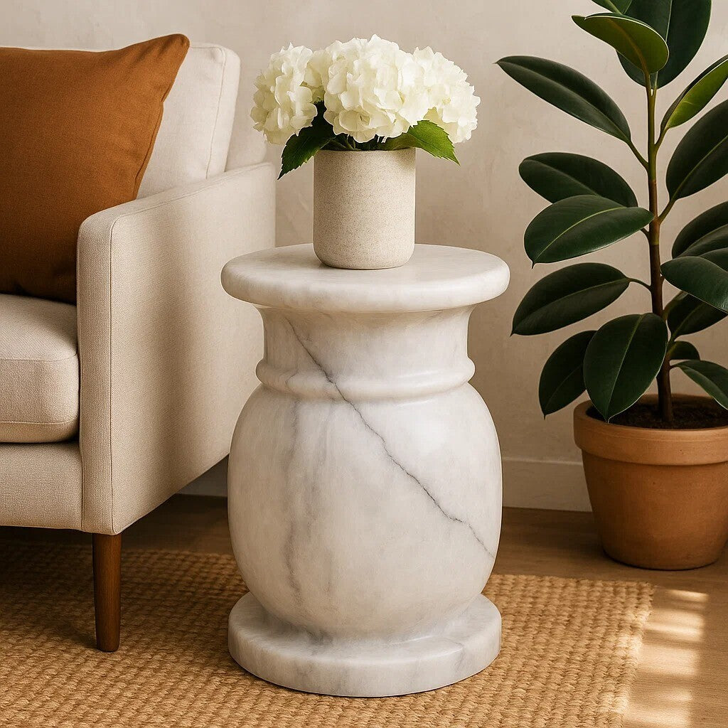 White Marble Multi Use Stool & Side Table With Refined Smooth Surface, Zoro