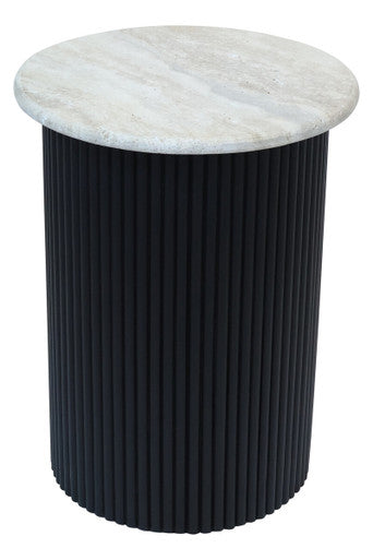 Cream Travertine Top Side Table With Ridged Black Acacia Wood Cylindrical Base, Walton