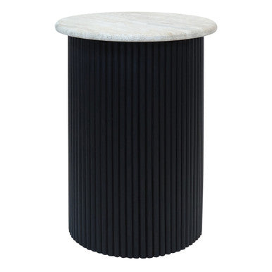 Cream Travertine Top Side Table With Ridged Black Acacia Wood Cylindrical Base, Walton