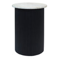 Cream Travertine Top Side Table With Ridged Black Acacia Wood Cylindrical Base, Walton