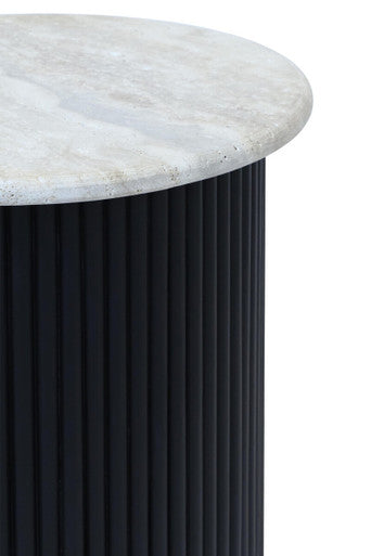 Cream Travertine Top Side Table With Ridged Black Acacia Wood Cylindrical Base, Walton