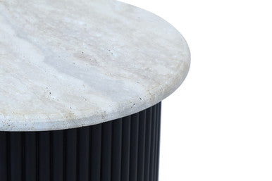 Cream Travertine Top Side Table With Ridged Black Acacia Wood Cylindrical Base, Walton