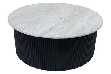 Cream Travertine Top Coffee Table With Ridged Black Acacia Wood Drum Base, Walton