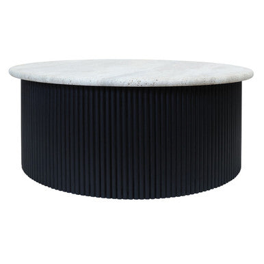 Cream Travertine Top Coffee Table With Ridged Black Acacia Wood Drum Base, Walton