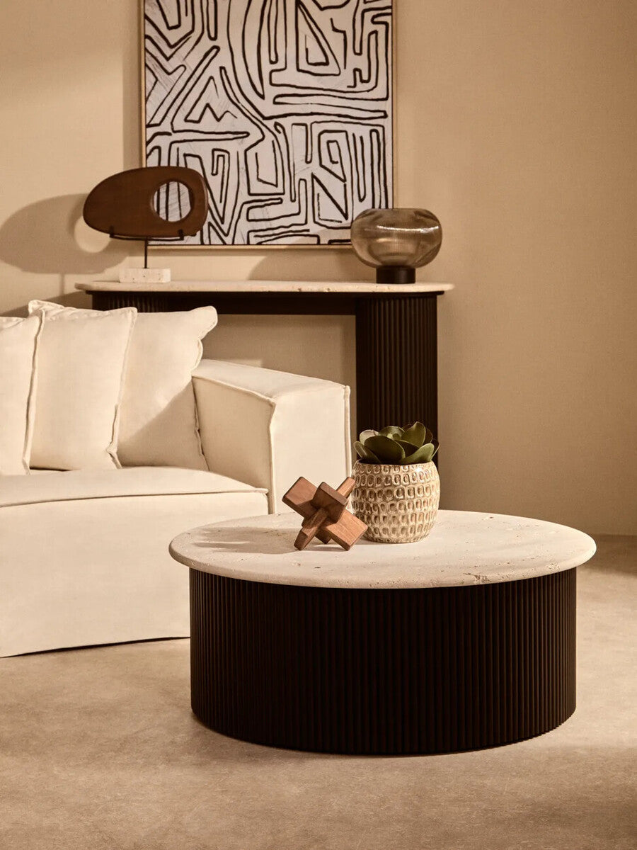 Cream Travertine Top Coffee Table With Ridged Black Acacia Wood Drum Base, Walton