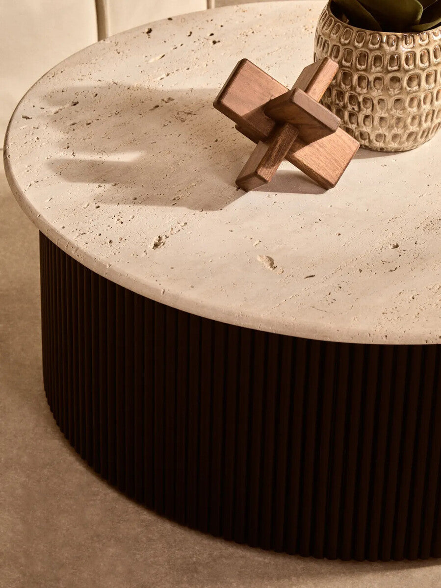Cream Travertine Top Coffee Table With Ridged Black Acacia Wood Drum Base, Walton