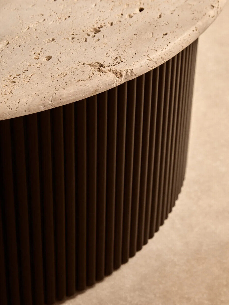 Cream Travertine Top Coffee Table With Ridged Black Acacia Wood Drum Base, Walton