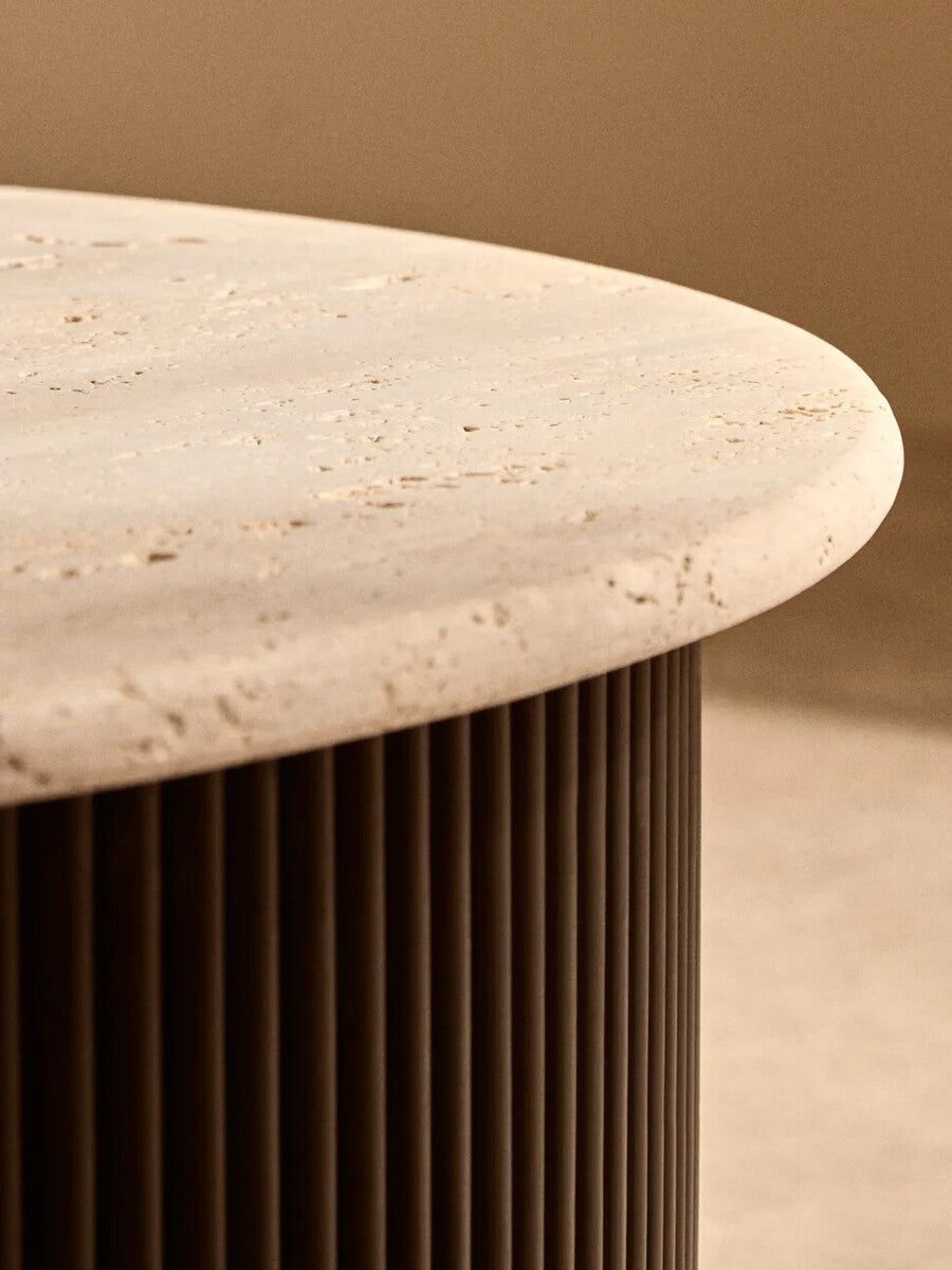 Cream Travertine Top Coffee Table With Ridged Black Acacia Wood Drum Base, Walton