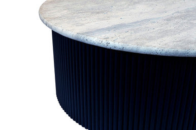 Cream Travertine Top Coffee Table With Ridged Black Acacia Wood Drum Base, Walton