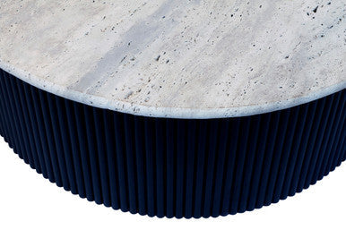 Cream Travertine Top Coffee Table With Ridged Black Acacia Wood Drum Base, Walton