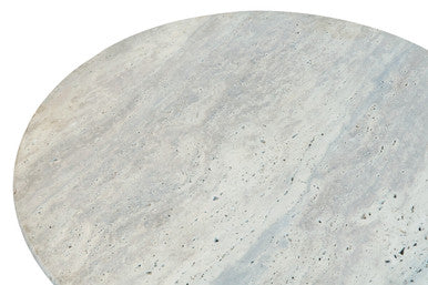 Cream Travertine Top Coffee Table With Ridged Black Acacia Wood Drum Base, Walton