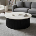 Cream Travertine Top Coffee Table With Ridged Black Acacia Wood Drum Base, Walton