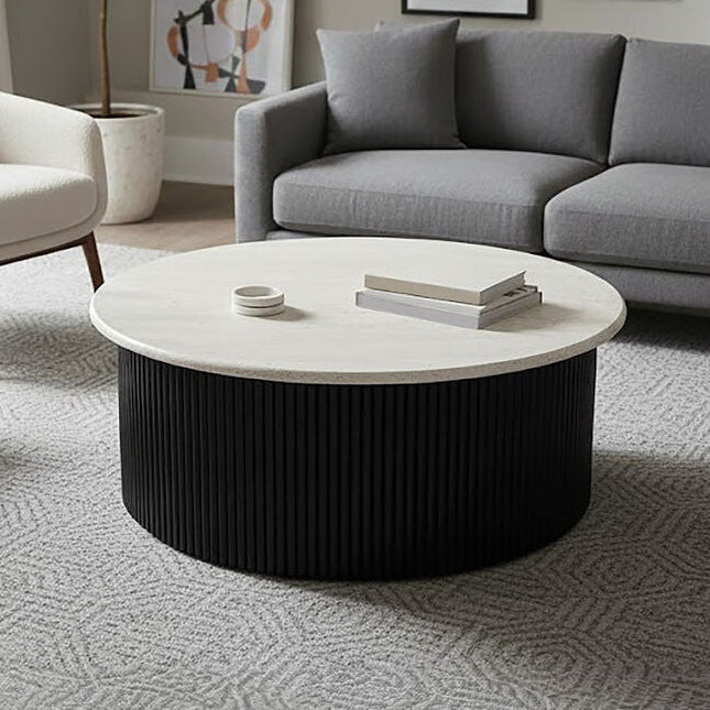 Cream Travertine Top Coffee Table With Ridged Black Acacia Wood Drum Base, Walton