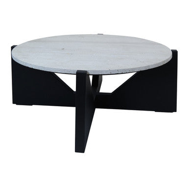 Cream Travertine Top Coffee Table With Black Acacia Wood Geometric Frame, Walton